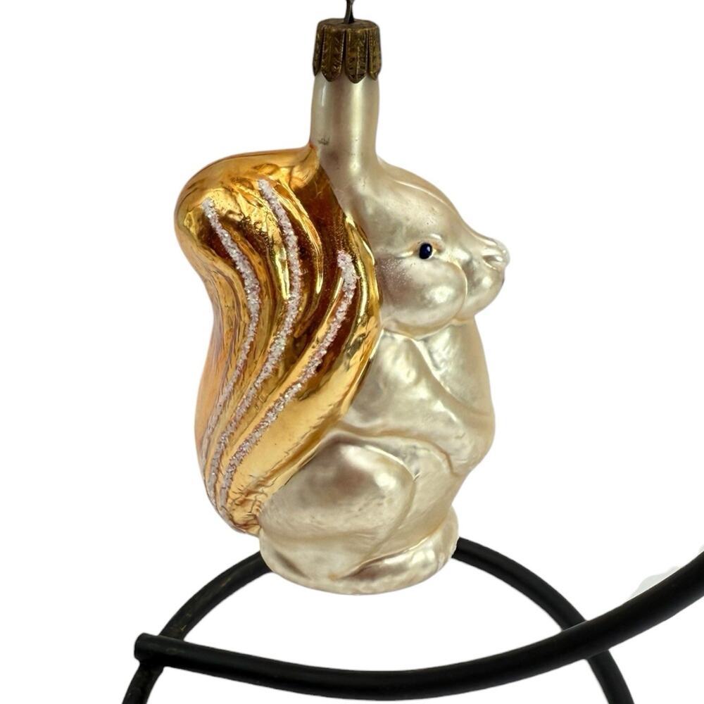 Glass Squirrel‎ Gold Glitter Christmas Ornament Vtg Germany Hand Blown Painted